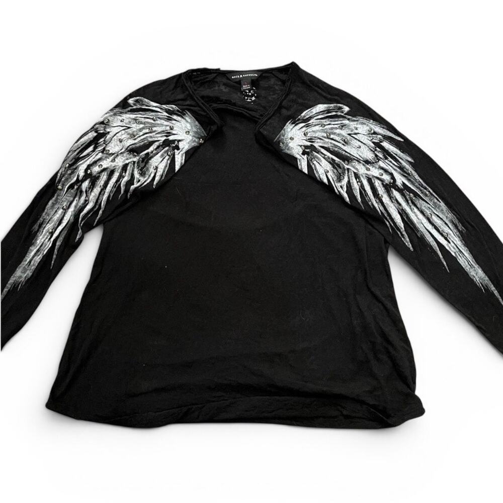 Rock & Republic Black Burnout Long Sleeve Top Wing Graphic Studded Y2K Goth L